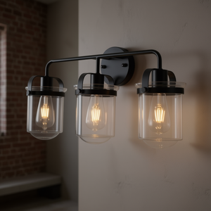 Appliques murales industrielles modernes à 3 lumières avec abat-jour en verre transparent, douille E26, éclairage intérieur pour salle de bain, salon, chambre à coucher, cuisine - Product Image 2