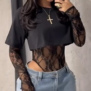 Peeqi Mode Zweiteiler Set Langarm Spitzenoberteil und Bodycon Minirock / Jeansrock 2-teiliges Set Damen Sexy Outfits - Product Image 5