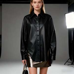 Chaqueta Camisa Extra Grande de PU para Mujer en Negro/Blanco Roto - <span class=keywords><strong>Abrigo</strong></span> Informal para el Trabajo con Dobladillo Irregular - Product Image 4