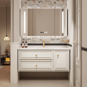 French retro ceramic integrated basin intelligent lighting <b>mirror</b> solid wood American style light luxury bathroom cabinet - Product Image 3