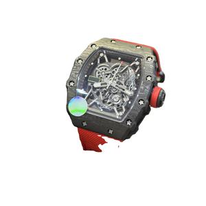 Montre automatique en fibre de carbone haut de gamme personnalisée pour hommes, boîtier noir avec bracelet rouge, montre mécanique - Product Image 3