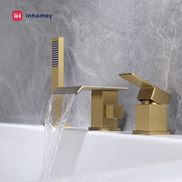 Robinet de salle de bain contemporain de luxe en laiton, cascade, double poignée, en céramique, avec débit contrôlé, finition or brossé, à poser sur le rebord de la baignoire