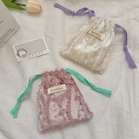 Pochette en velours écrasé avec cordon de serrage, garniture en dentelle, sac cadeau pour bijoux, mini organisateur de cosmétiques, logo personnalisé, vente en gros
