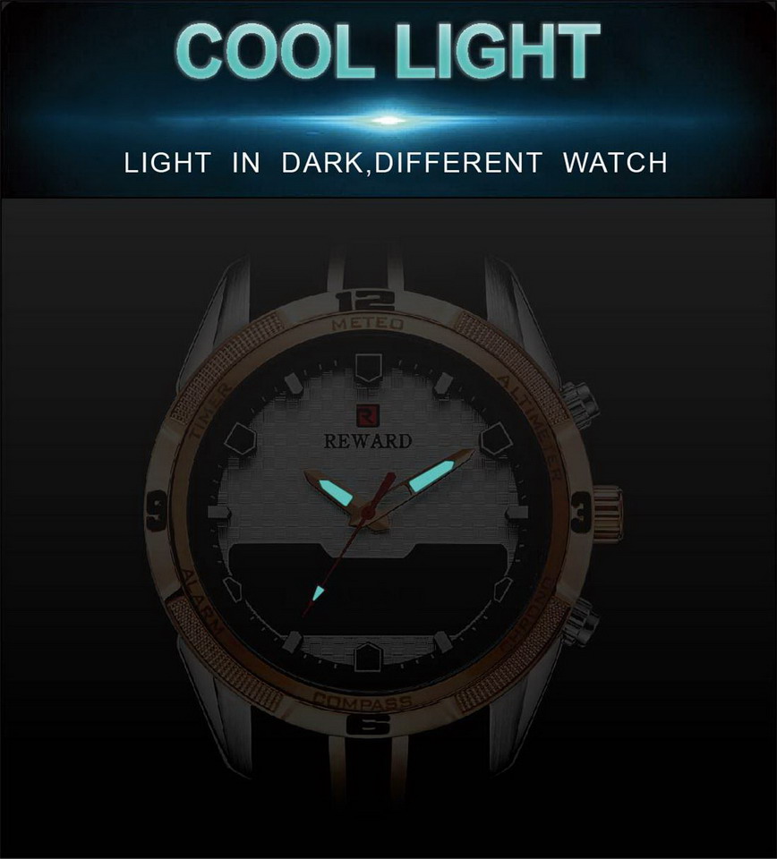 REWARD Men's Watches Silicone Double Movement Digital Electronic Watch Men Sports Waterproof LED Quartz Watch Relogio Masculino