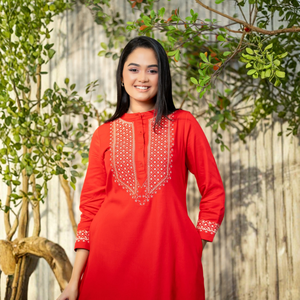 Wholesale Rate <b>Chinese</b> Collar Embroidered Cotton Midi <b>Dress</b> <b>Red</b> Elegant for Women - Product Image 1