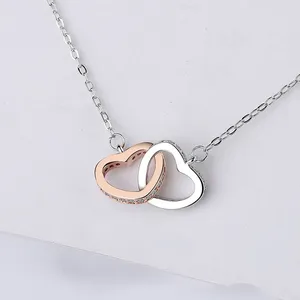 Custom high quality jewelry valentine day necklace rose gold color 925 silver double hearts necklace
