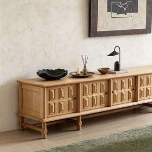 Rustic Oak Wood <b>TV</b> <b>Stand</b> with Embossed Panel Doors, Low Profile Media Console for Living Room - Product Image 5