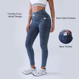 Vractivewholesale Leggings en <span class=keywords><strong>jean</strong></span> uni pour femme, <span class=keywords><strong>taille</strong></span> mi-<span class=keywords><strong>haute</strong></span>, avec poches latérales, effet <span class=keywords><strong>sculptant</strong></span>, extensibles dans les quatre sens, style athleisure - Product Image 1