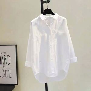Blusa de Mujer de Manga Larga, Cuello Camisero, Cierre de Botón, Color Blanco Sólido, Estilo Casual de Media Temporada - Product Image 1