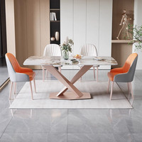 Table à manger au design moderne, élégante et confortable, avec structure en fer et plateau en pierre frittée, assemblée pour une utilisation à domicile et en hôtel