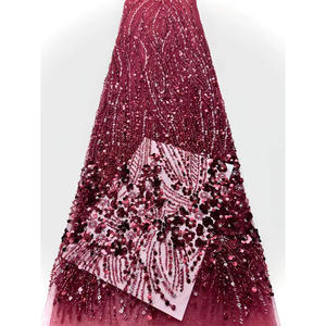 Tissu en dentelle française <span class=keywords><strong>rouge</strong></span> avec perles de diamant et paillettes, vêtements pour femmes, robe Kanuri, <span class=keywords><strong>tulle</strong></span>, broderie florale - Product Image 2
