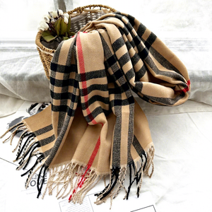 Écharpe à carreaux double face bicolore style preppy, chaude pour l'automne et l'hiver, avec pompons, vente en gros d'usine - Product Image 2