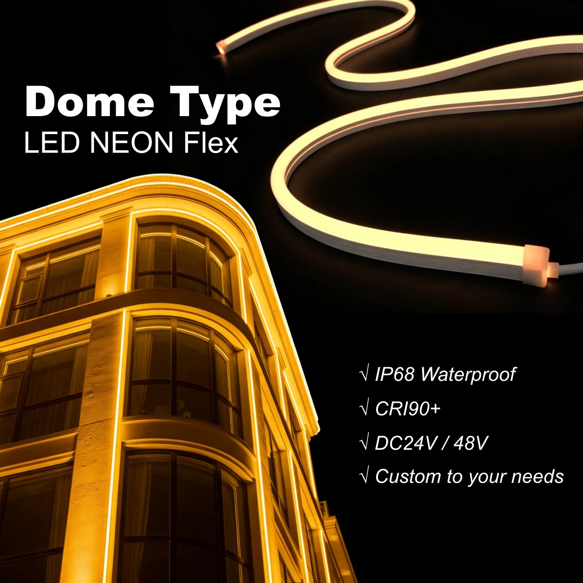 IP68 Outdoor Facade LED Strip Light 2700K 3000K 4000K 6500K CRI90+ Silicone Neon Flex CE/UL/BIS DC24V 15*25mm Dome Rope Light