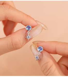 Pendientes colgantes de plata de ley S925 con circonita azul brillante y estrella de ocho puntas para mujer, joyería fina celestial de moda. - Product Image 4