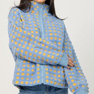 Giacca Sherpa Personalizzata da <span class=keywords><strong>Donna</strong></span> Blu e Gialla a Quadri Testurizzati, con Zip Intera, Collo Alto e Orlo con Coulisse - Produttore - Product Image 4