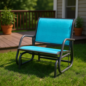 Chaise à bascule d'extérieur en acier bleu avec accoudoirs incurvés pour porche, jardin, bord de piscine ou balcon - Product Image 2