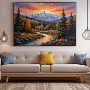 Pinturas <span class=keywords><strong>al</strong></span> <span class=keywords><strong>Óleo</strong></span> <span class=keywords><strong>de</strong></span> Paisajes Realistas Pintadas a Mano, Arte Original sobre Lienzo para Sala <span class=keywords><strong>de</strong></span> Estar - Escena <span class=keywords><strong>de</strong></span> Atardecer en Montaña y Río - Product Image 4