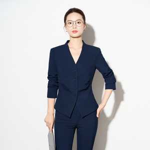 Navy Blue Women's Suit Set Three Quarter Sleeve Anti-Wrinkle Formal Spring <b>Work</b> Uniform - Product Image 1