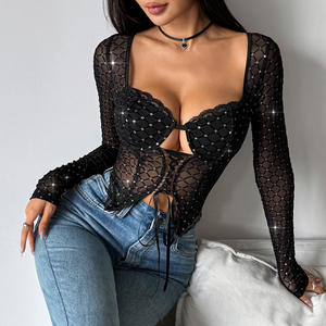 KISS <span class=keywords><strong>ME</strong></span> ANGEL Débardeur noir sexy pour femme à manches longues, en maille floquée ajourée avec effet de perspective et détails à cordons - Product Image 5