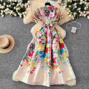 Vestido Midi de Talla Grande para Mujer, Primavera 2025, Ecológico, Cuello en V, Manga Corta, Casual, Transpirable, Tejido, Corte A, con Volantes Estilo Imperio - Product Image 3