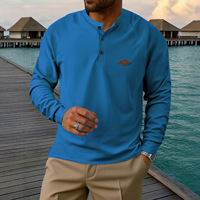 Chemise Henley pour homme en tissu gaufré uni, polyester, manches longues, coupe décontractée, lavable en machine, idéale pour l'automne et l'hiver