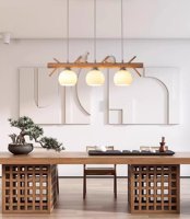 Lustre linéaire en verre laiteux avec suspension en forme d'oiseau, luminaire suspendu en bois de style moderne du milieu du siècle pour salle à manger, table, café