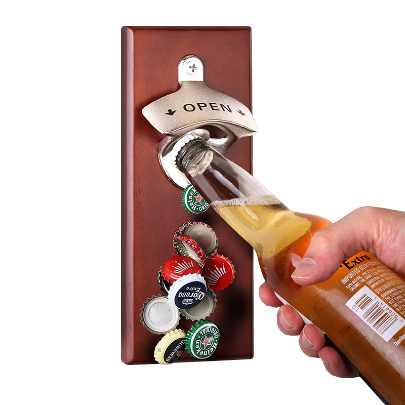 Strong Magnetic Bottle Opener Metal Wood Wall Mounted Beer Opener with Auto-Catch Catcher Great Gifts for Men Dad Husband