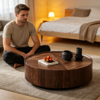 Mesa de Centro Contemporánea Redonda con Tapa de Madera de Nogal Macizo y Cajones Giratorios con Espacio de Almacenamiento para Sala de Estar