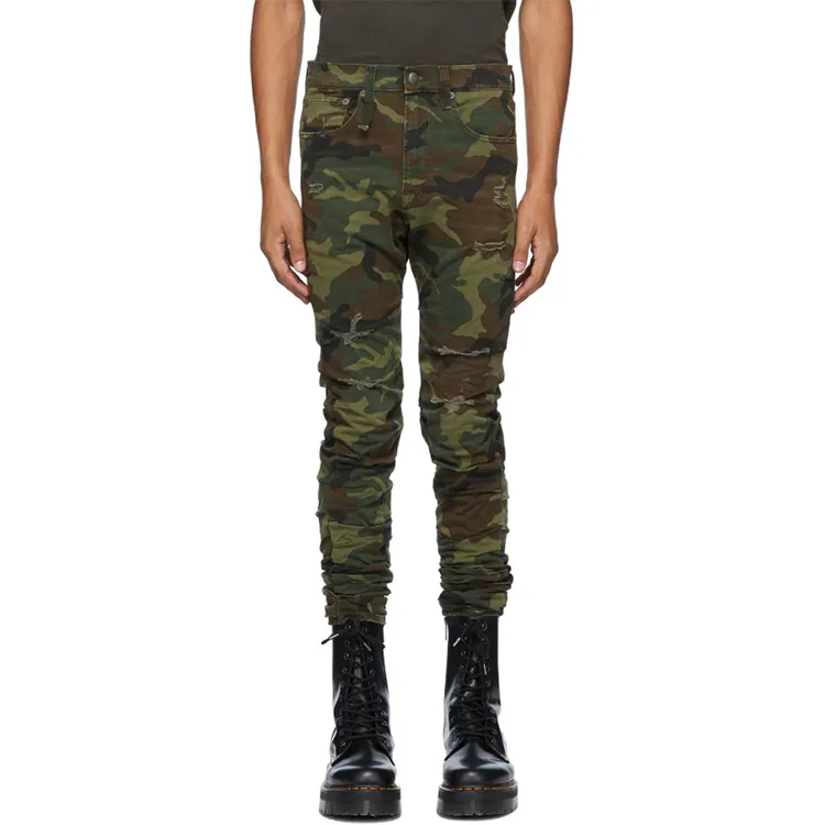 wholesale custom logo mens skinny fit stretch cotton blend featuring camouflage pattern denim pant jeans