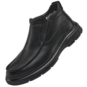 Bottes montantes d'hiver en cuir véritable pour hommes, à enfiler, avec doublure en peluche, bout rond, semelle extérieure en caoutchouc, chaussures habillées isolantes et chaudes - Product Image 4