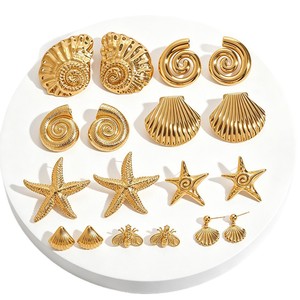 Boucles d'oreilles clous en alliage de zinc doré et acier inoxydable, motifs coquillages, étoiles de mer et conques, bijoux fantaisie sur le thème de l'océan - Product Image 5