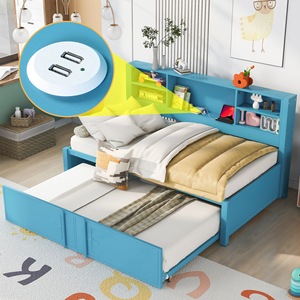 Lit de rangement en bois bleu avec étagères et lit gigogne coulissant pour enfants, adultes et personnes âgées, meubles de chambre multifonctionnels - Product Image 1