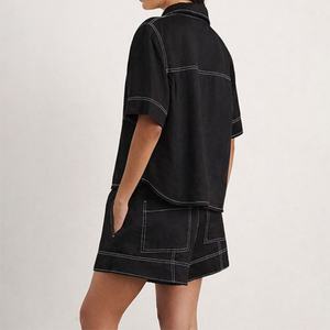 Nouvel ensemble classique pour femme en lin, chemise ample à manches courtes avec poche plaquée sur le devant et short à enfiler, ensemble deux pièces - Product Image 2