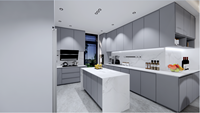 Meuble de cuisine modulaire en acier inoxydable au design moderne, écologique et ignifuge, avec crédence en granit artificiel et tiroirs à charnières coulissantes