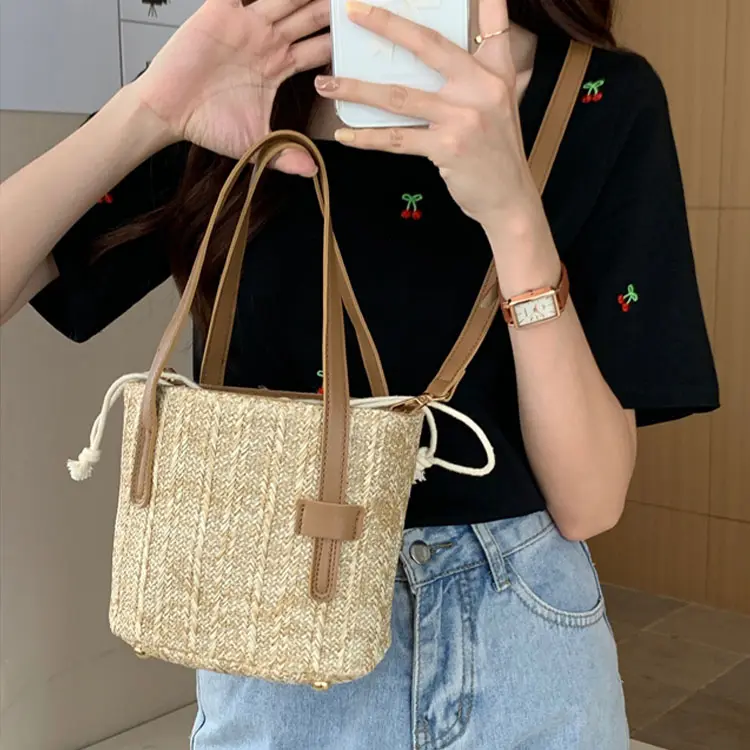 Korean chic crossbody straw bucket bag portable compilation beach bag leisure literary women shoulder bag