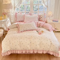 Parure de lit de luxe 4 pièces avec housse de couette à volants, bordure en dentelle, en microfibre lavée, ensemble de draps et housses de couette à bordure en dentelle
