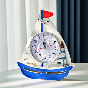 Mediterranean Sailboat Desk <b>Clock</b> Wooden Decorative <b>Clock</b> With Lighthouse And Seashell Blue <b>White</b> Design - Product Image 2