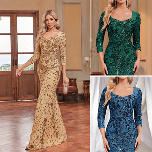 LY2336 Abiti da Sera di Lusso, Vestito Elegante con Scollo a V e Maniche 3/4, Paillettes, per Feste e Cerimonie, Abito da Damigella - Product Image 2