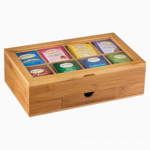 Wooden Tea <b>Storage</b> <b>Box</b> With Compartments Transparent Lid Bamboo Rectangular Decorative Organizer For Tea Bags Kitchen Use - Product Image 3