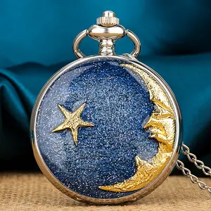 Romantico cielo stellato blu oro luna stella Design unico collana orologio Vintage Steampunk orologio da tasca con ciondolo al quarzo con catena