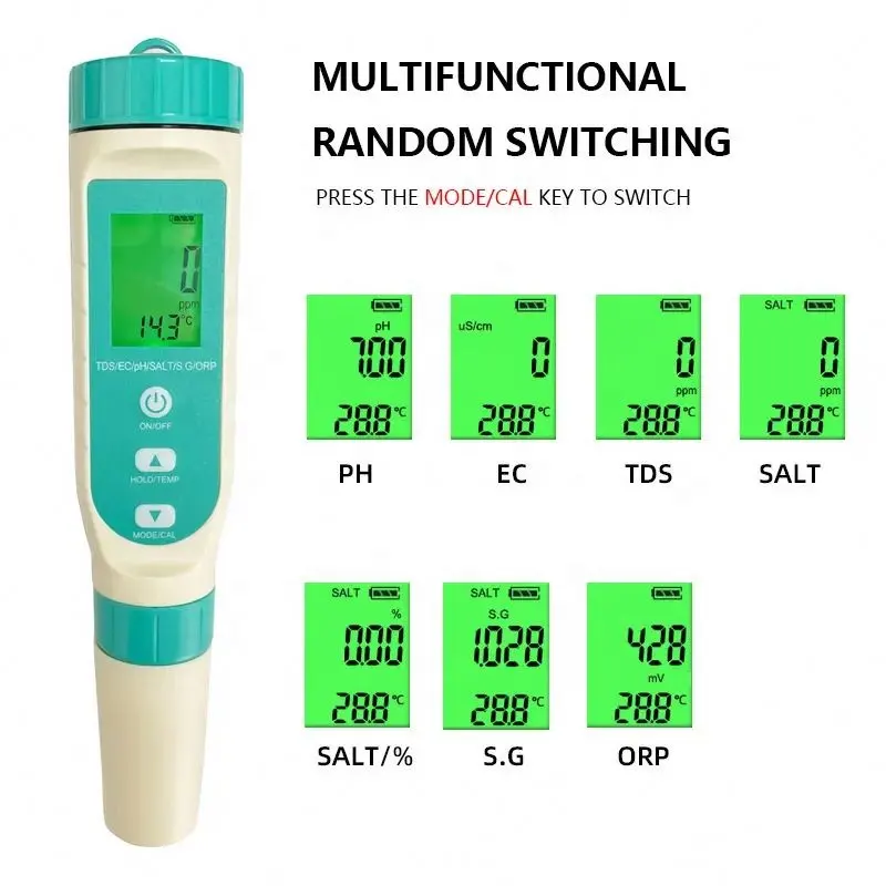 Neuester 7-in-1-Digital-pH-Tester PH / TDS / EC/ORP/Salzgehalt/Temperatur funktion Digitale pH-Messgeräte Multi-Parameter-Tester