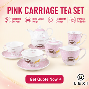 At Arabası Tasarımlı Pembe Puantiyeli Seramik Çay Seti, Çaydanlık, Fincanlar, Tabaklar ve Süt Kabı İçerir, Öğleden Sonra Çayı Servisi İçin - Product Image 2