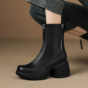 Botines de Tacón Medio con Plataforma, de Piel de Oveja Genuina de Alta Calidad, Duraderos, Modernos, Versátiles, de Color Sólido, Antideslizantes e Impermeables - Product Image 5