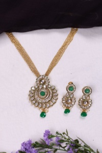 Ensemble collier et boucles d'oreilles en laiton plaqué or avec zircon et pierres vertes, motif floral, bijoux de mariage vintage pour femmes - Product Image 5
