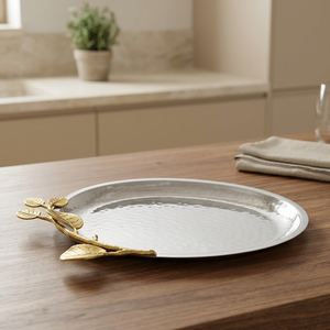 Oval Polished Metal <b>Serving</b> <b>Tray</b> With <b>Gold</b> Leaf Decorative Handle Residential Use Decorative Finish - Product Image 2