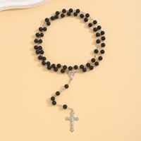 Chapelet de perles noires avec crucifix et médaille de la Vierge Marie en argent, bijoux en alliage, cadeau unisexe pour fête
