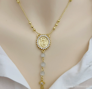 Collier vintage avec médaille <span class=keywords><strong>de</strong></span> la Vierge <span class=keywords><strong>Marie</strong></span> catholique, perles <span class=keywords><strong>de</strong></span> jade <span class=keywords><strong>rose</strong></span>, médaille <span class=keywords><strong>de</strong></span> Notre-Dame en zircon cubique et croix en forme <span class=keywords><strong>de</strong></span> cœur - Product Image 5