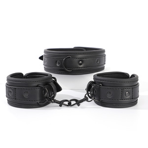 Black Leather <b>Bondage</b> Set With Chain And Wrist Cuffs For Couples BDSM Play - Product Image 2