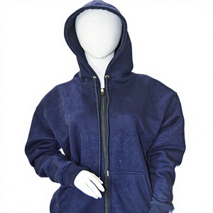 Sudadera con capucha azul marino de moda para mujer, con hombros caídos, cremallera completa, forro polar, manga larga holgada, transpirable, 100% algodón, estilo urbano - Product Image 1