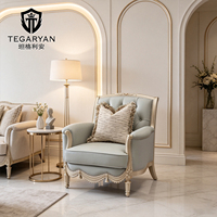 Fauteuil néoclassique du milieu du siècle, structure en bois sculpté, tissu bleu clair, canapé individuel pour hôtel, salon